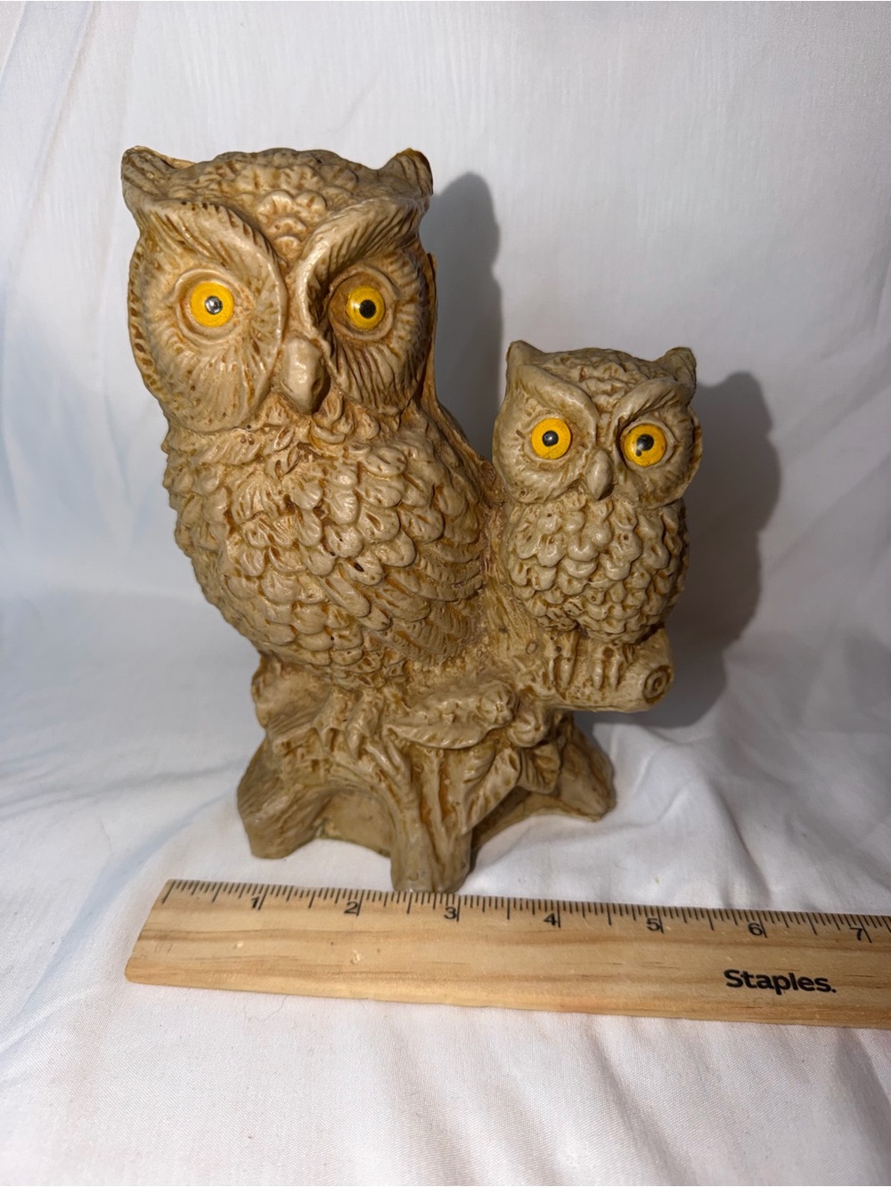 Vintage Resin Owl Figurine Mother & Owlet Mother on Branch Figurine Yellow Eyes - Picture 6 of 9